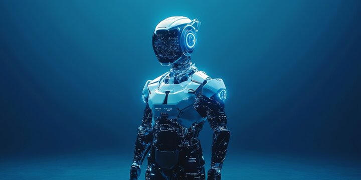 futuristic Artificial intelligence technology, standing, realistic shot, realistic, shades of blue, front shot