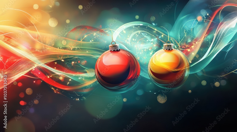 Poster bright red and yellow christmas ornaments create a captivating abstract effect, surrounded by shimme