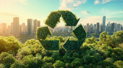 Giant green recycling symbol made of plants floating above a city skyline