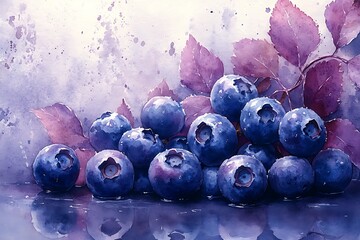 Watercolor painting of fresh blueberries with leaves on a wet surface.