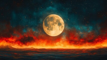 Fototapeta premium A vivid moonlit landscape with fiery colors and a dramatic sky.
