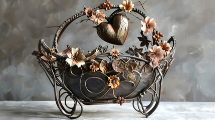 Metal valentine with flower accents hamper for an infant depicts