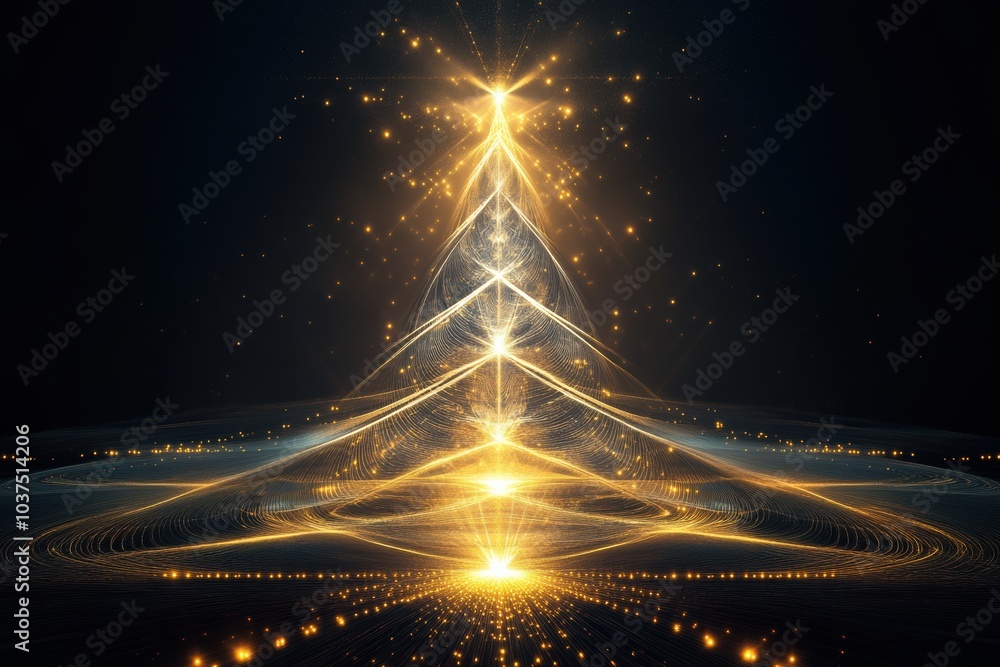 Poster this artwork features an abstract christmas tree illuminated by shimmering golden lights, creating a