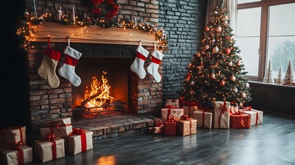 Christmas Fireplace with Decorated Tree and Gifts