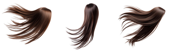  Set of Long straight Wig hair style fly fall explosion. Brown woman wig hair float in mid air  Straight brown wig hair isolated on a transparent background