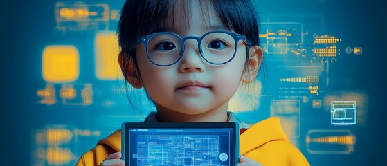 Asian child with technology like a professor with a blue and yellow theme 
