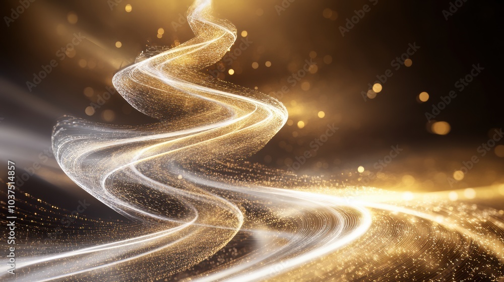 Poster this artwork features a flowing, abstract christmas tree design illuminated by golden light and glit