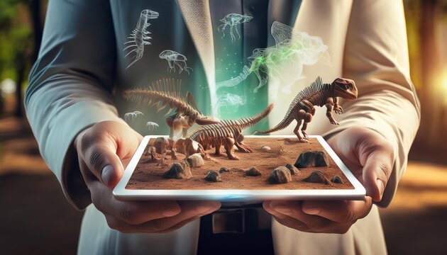 archeologist showing dinosaurs fossils on a digital tablet, hologram projection