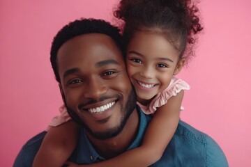 Cheerful father giving his pretty daughter piggyback ride, while they are both looking at camera and smiling over pink background, Generative AI