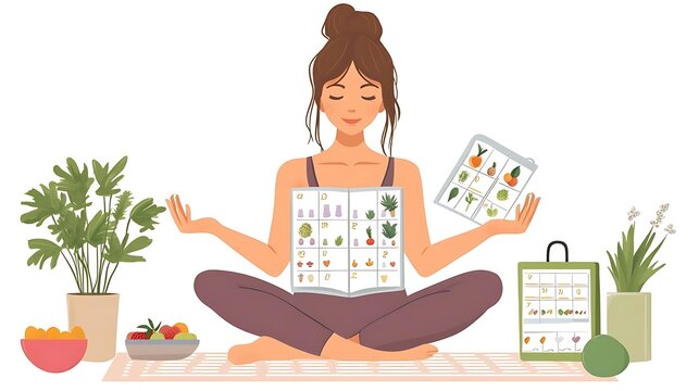 Woman meditating with a plant calendar and fruit