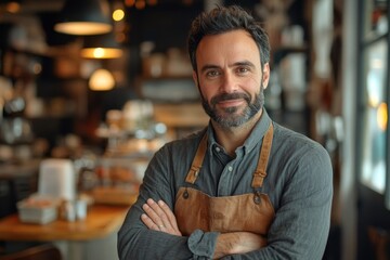 Portrait of handsome male cafe owner standing indoors, looking at camera and smiling, free space, Generative AI
