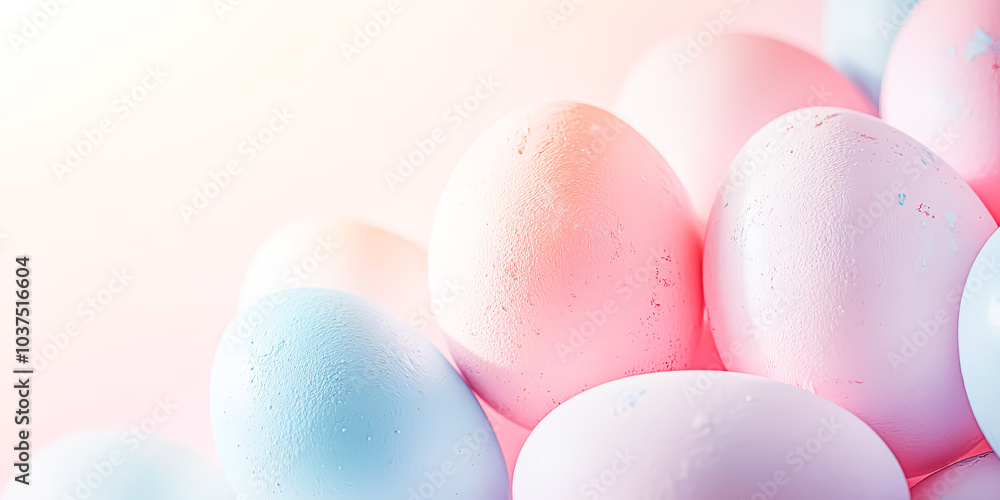 Poster bunch of pink and blue eggs are piled on top of each other. the eggs are of different sizes and are 