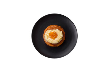 Sweet dessert danish with raisins, cream and pear filling