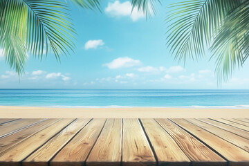 Wooden floor with a beautiful beach and palm tree background for product display, a summer vacation concept banner template design.