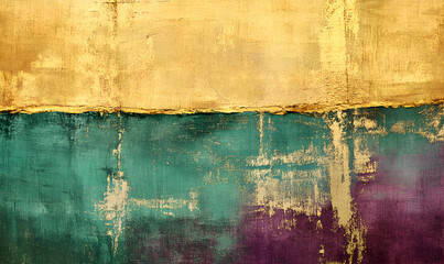 Naklejka premium Abstract colorful textured painting with gold, green, and purple accents, modern artistic background
