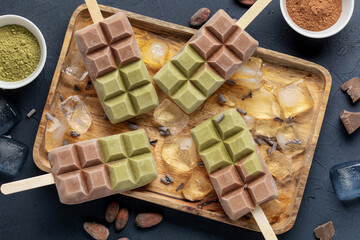 Plant Milk  green matcha and chocolate popsicles. Summer Healthy Organic Dessert