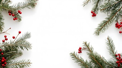 Festive Pine Branches with Red Berries on White Background