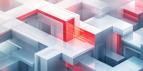 a sleek, modern representation of multi level labyrinth, material is transparent, matt glass, only in milky, soft white and highlights with red accesses,