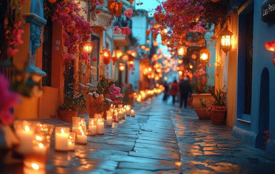 Las posadas festive procession in vibrant street decorated with lanterns and flowers