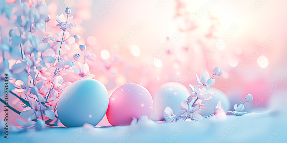 Poster close up of three eggs with a pink and white color scheme. the eggs are surrounded by a pink and whi