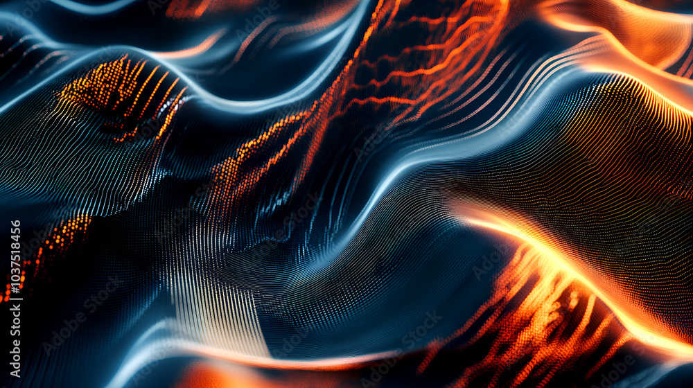 Poster abstract glowing wave texture with orange and blue gradients, vibrant 3d digital background with dyn