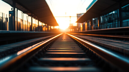 Railway tracks at sunset with warm glowing light, concept of journey, travel, and adventure in a modern station