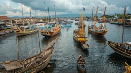 Fototapeta premium Traditional Wooden Boats Docked in a Harbor