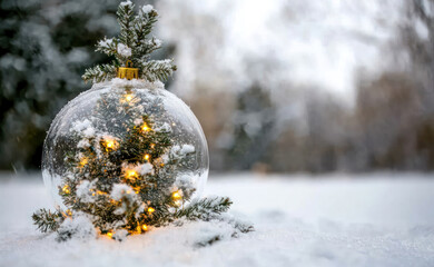 Christmas tree in glass ball on snow. Glitter lights