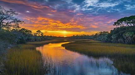 Obraz premium Serene Sunset Over Marshland Landscape