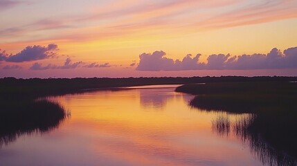 Serene Sunset Over Calm Waters in Scenic Landscape