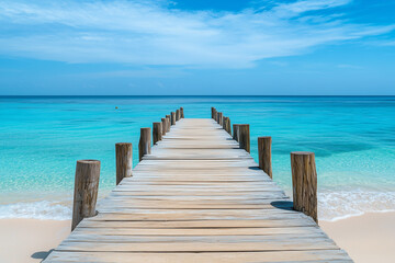 Wooden pier leading to the ocean with a white sand beach and turquoise water on a tropical island. Ample space for text.
