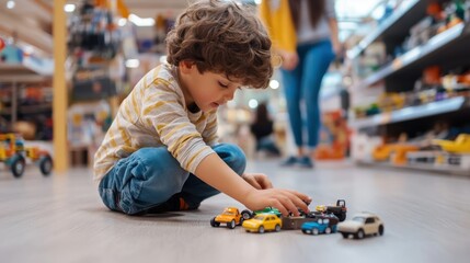 A young child in a striped shirt is focused on playing with small toy cars on the floor of a toy store, with colorful toys visible in the background.
