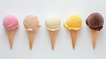 Assorted Ice Cream Cones on White Background