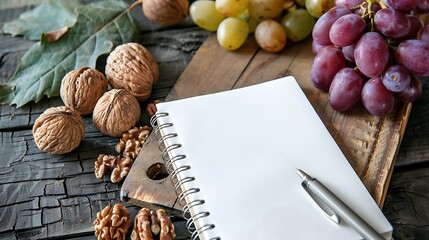 Notepad on a tiled office desk with walnuts and grapes