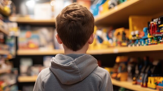 A young boy wearing a grey hoodie stands in a colorful toy store aisle, deeply focused on the variety of toys and games stacked on the shelves around him.
