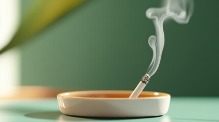 A cigarette burning with swirling smoke in a ceramic ashtray, creating a contemplative and visually striking depiction of ordinary indulgences in daily life.