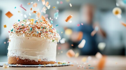 An artistic cake with intricate frosting details nestled among falling vibrant confetti, representing the joy and excitement of a shared celebratory experience.