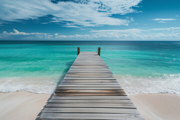 Fototapeta premium Wooden pier leading to the ocean with a white sand beach and turquoise water on a tropical island. Ample space for text.