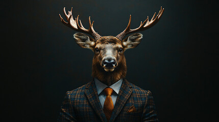 Deer in a business suit, standing confidently in a dramatic spotlight with a rich color palette, creating a powerful yet whimsical atmosphere. Suitable for fashion, fantasy, and modern concepts.