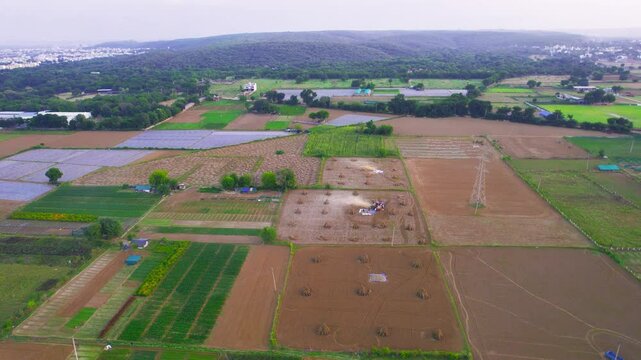 aerial drone shot flying forward over green fields being harvested, crop bundles lying around and tractors winnowing to remove chaff from the wheat in gurgaon haryana
