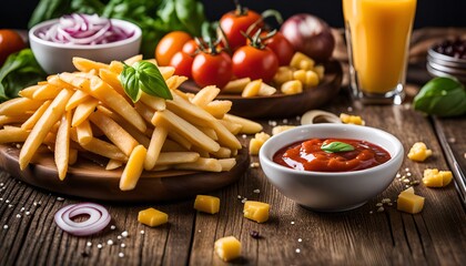 French Fries, Sauce and Tomato