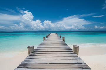 Obraz premium Wooden pier leading to the ocean with a white sand beach and turquoise water on a tropical island. Ample space for text.