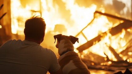 A man and his dog sit side by side, gazing at a blazing fire that consumes a building, highlighting a scene of destruction and companionship amidst chaos.