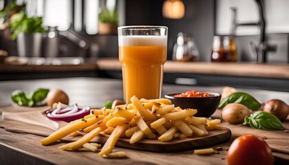 Crispy French Fries, Beer, and Condiments on a Wooden Cutting Board