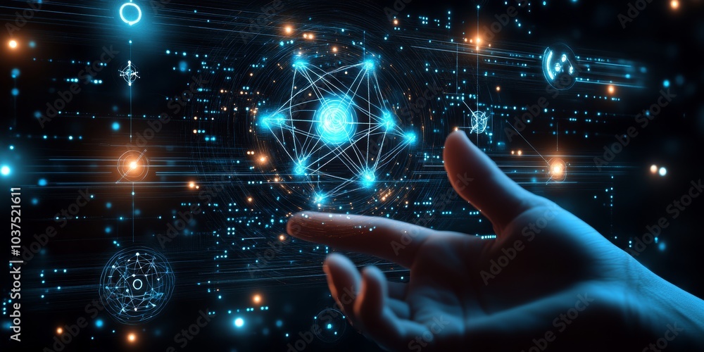 Wall mural a futuristic background with icons representing technology and science, above which is an atom symbo