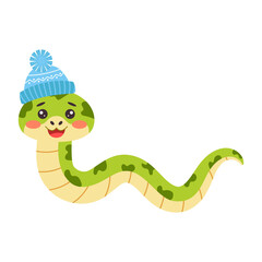 Fototapeta premium Cute snake in warm winter hat holding tambourine. New Year symbol. Vector illustration.