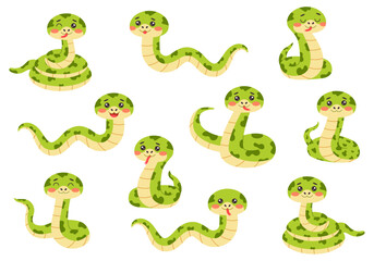 Set of cute snakes. Symbol of the New Year 2025. Vector illustration.