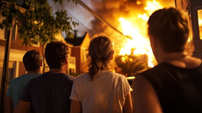 A group of individuals watch in awe as a massive fire engulfs a building, with flames lighting up the night sky, evoking a dramatic and intense atmosphere.