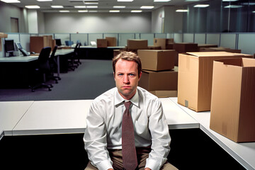 A sad, job loss fired man sits at his desk surrounded by boxes in a closed office, looking frustrated. Concept of business shutdowns, economic crisis and the aftermath of company downsizing