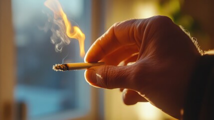 A captivating image of a hand holding a cigarette with a small flame near a window, indicating moments of solitude, introspection, and life choices.